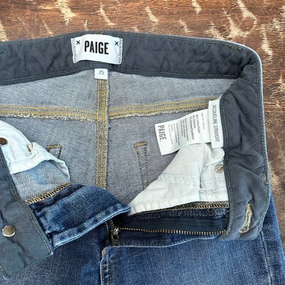 PAIGE Jacqueline Straight Jeans Blue 25 High Rise Raw Hem Stretch Denim USA - Picture 10 of 11